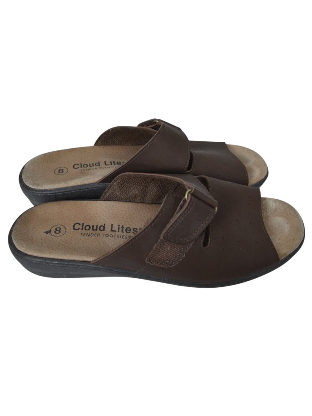 Cloud Lites Tender Tootsies Brown Leather Slide Sandals Velcro Slip On Size 8